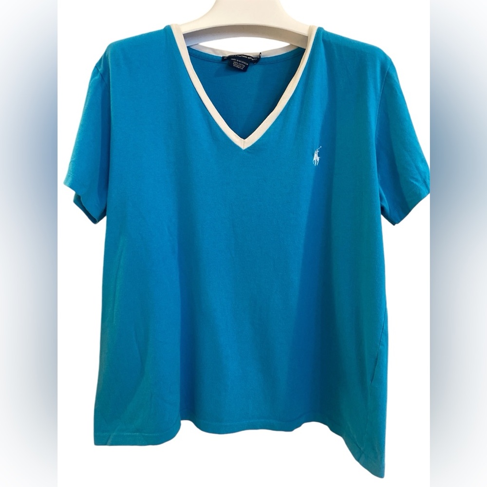 Women’s Ralph Lauren Sport Teal V-Neck T-Shirt, Size XL.